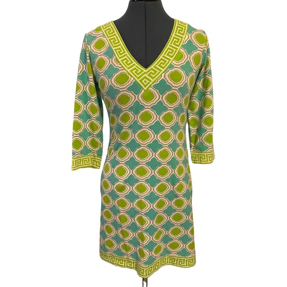 barbara gerwit Dresses & Skirts - Barbara Gerwit Blue Green Geo Scroll  Print‎ V Neck Sheath Dress Resortwear XS